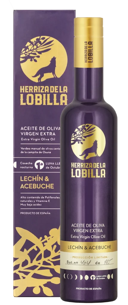 Botella de aceite de oliva virgen extra premium variedad lechín y acebuche con su caja estuche de fondo