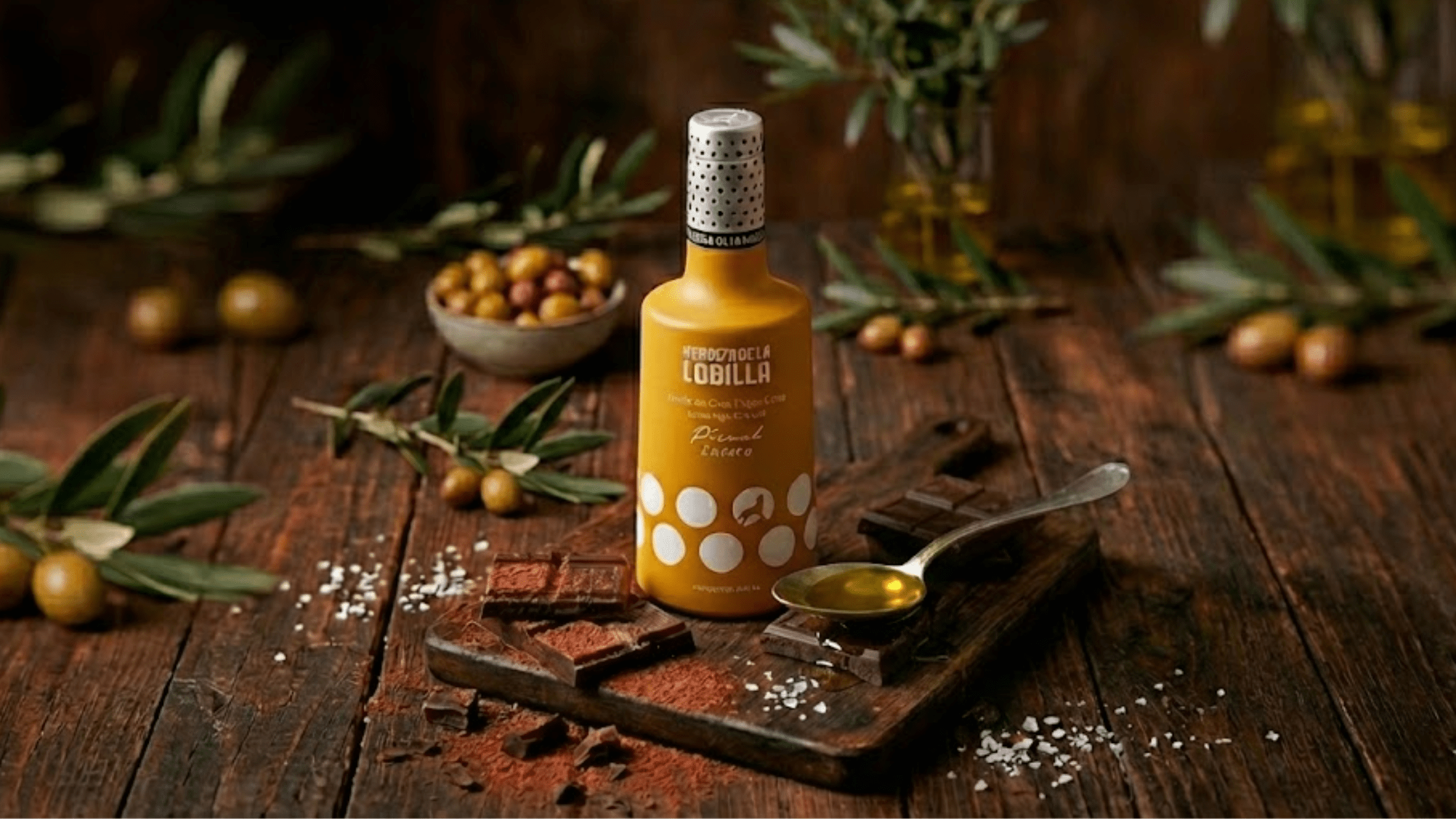 Botella de AOVE Picual Herriza de la Lobilla ideal para maridaje con chocolate negro, diseño amarillo con topos blancos