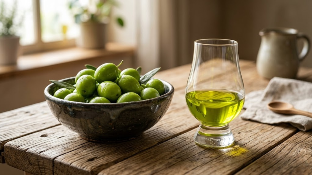 aceite de manzanilla y aceitunas manzanilla sobre una mesa rustica