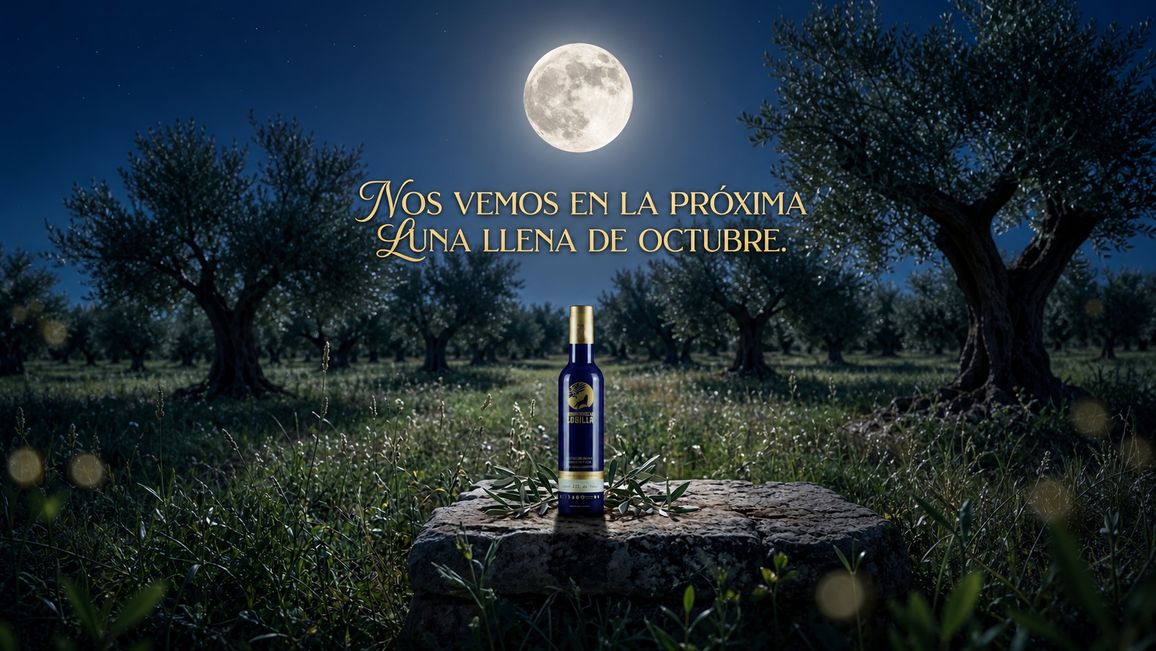 Botella de lechín y acebuche bajo la luz de la luna llena