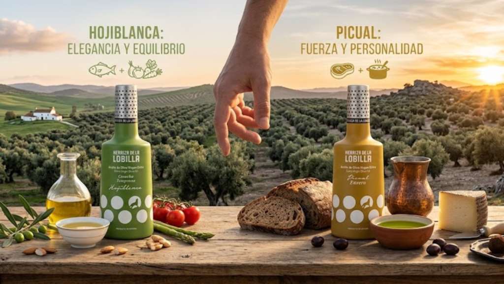 botella de AOVE hojiblanca y botella de AOVE picual en envero herriza de la lobilla