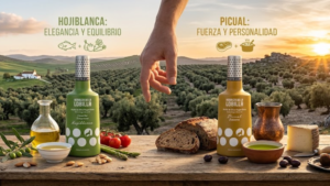 botella de AOVE hojiblanca y botella de AOVE picual en envero herriza de la lobilla